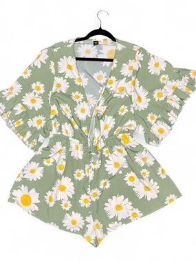 SHEIN Sage Green Daisy Print Tie-Front Romper